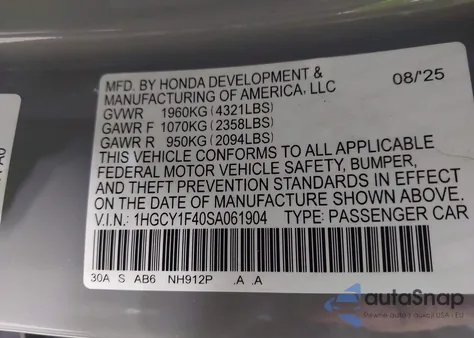 2025 Honda Accord Se из США, поврежденный, VIN 1HGCY1F40SA061904